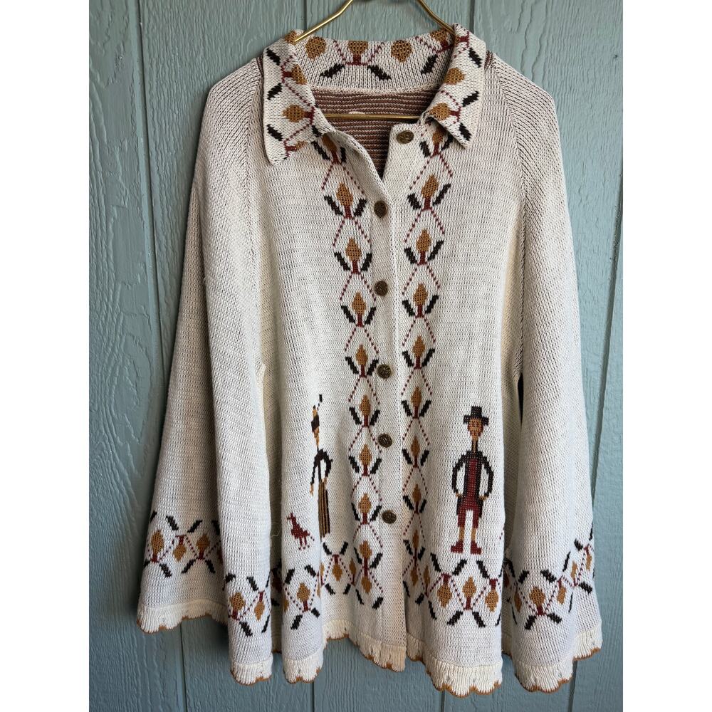 Vintage 90s Griffing Folk Art Cardigan Sweater Cape Cream Beige Button Front